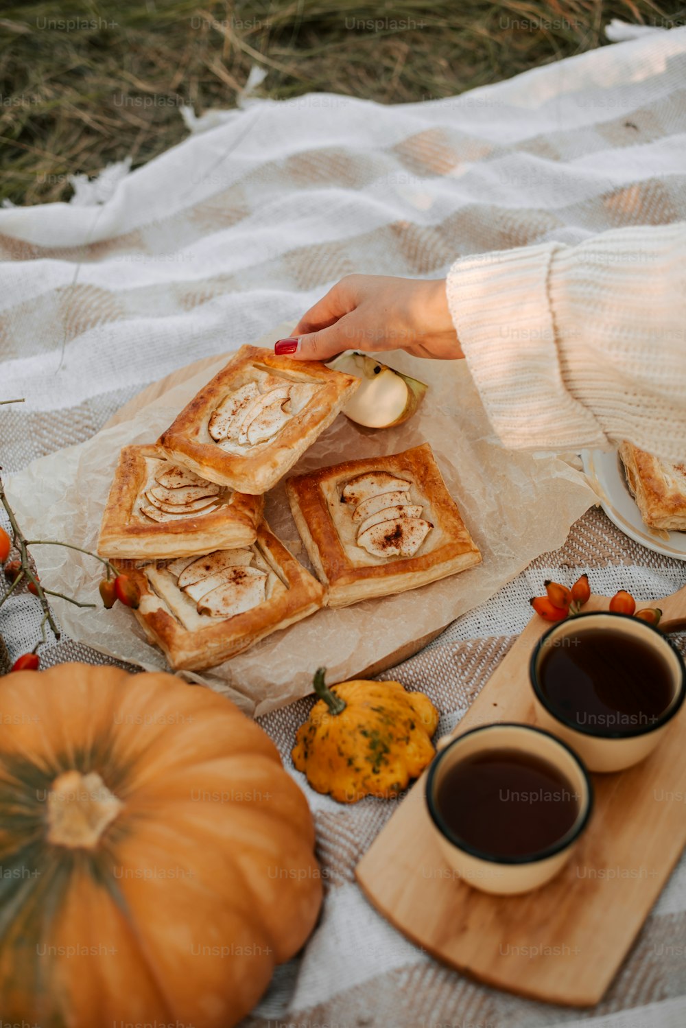 a person sitting on a blanket with a plate of food