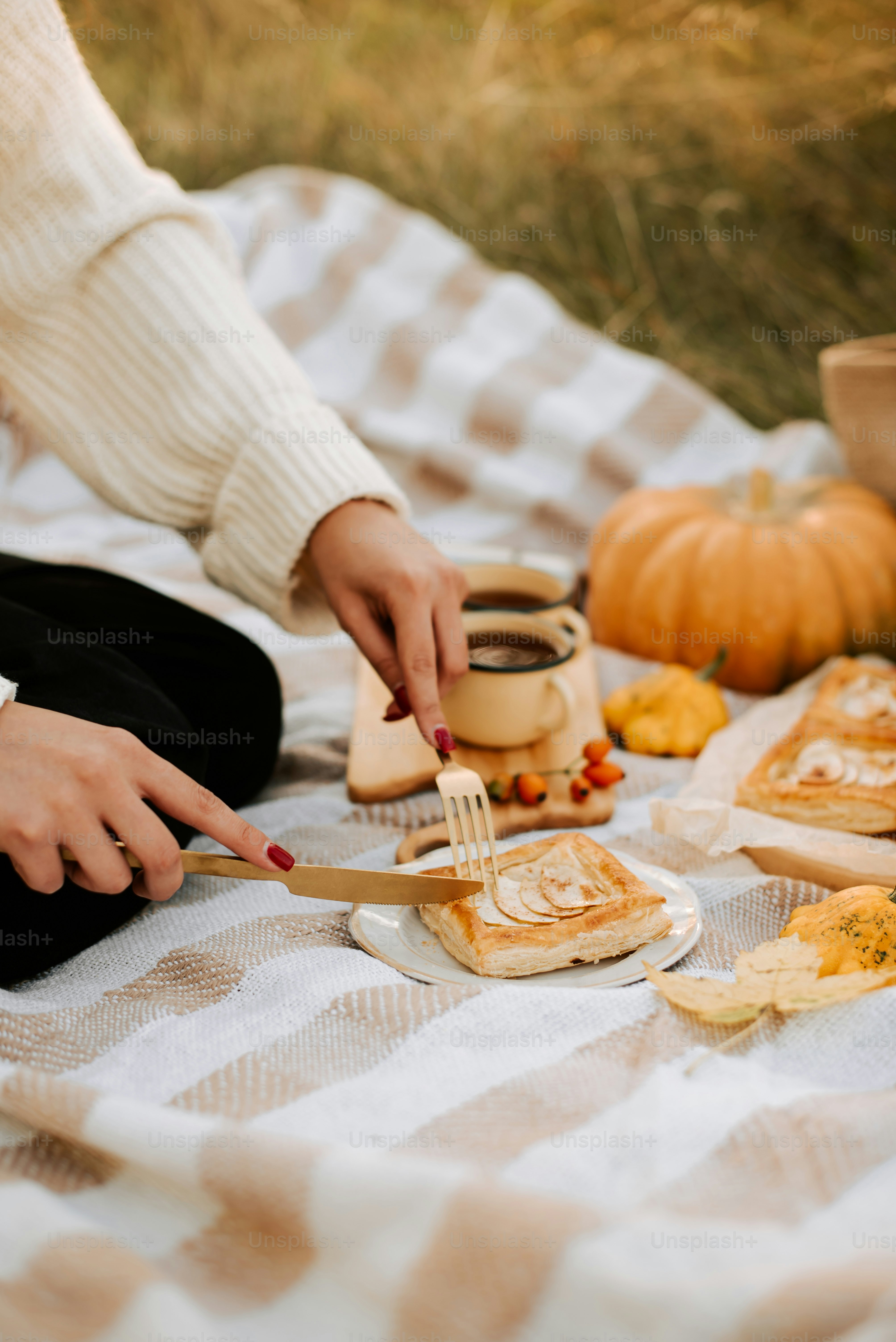 a person sitting on a blanket with a plate of food