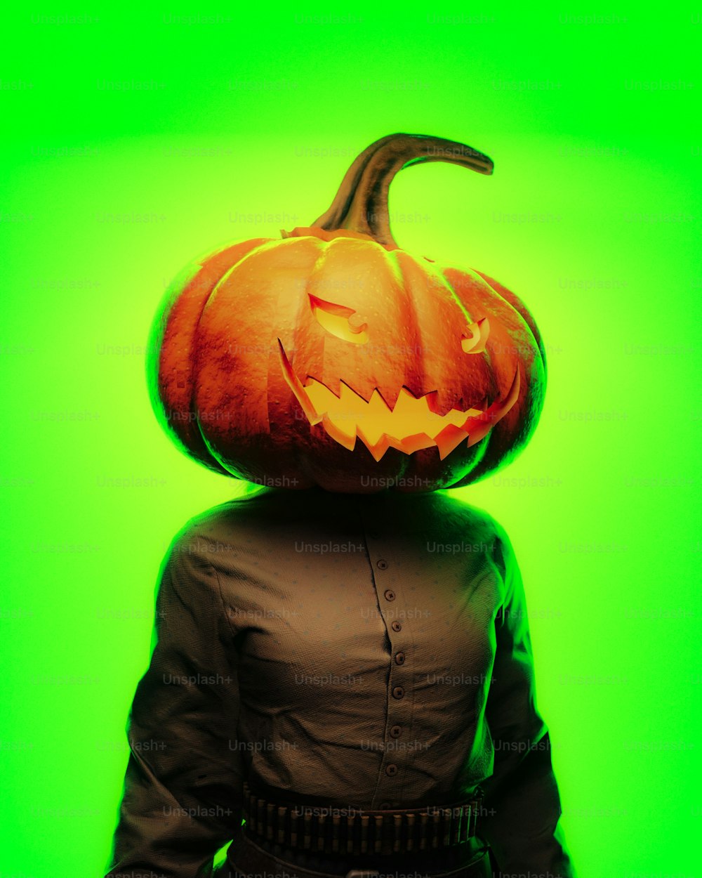a person wearing a pumpkin head on their head