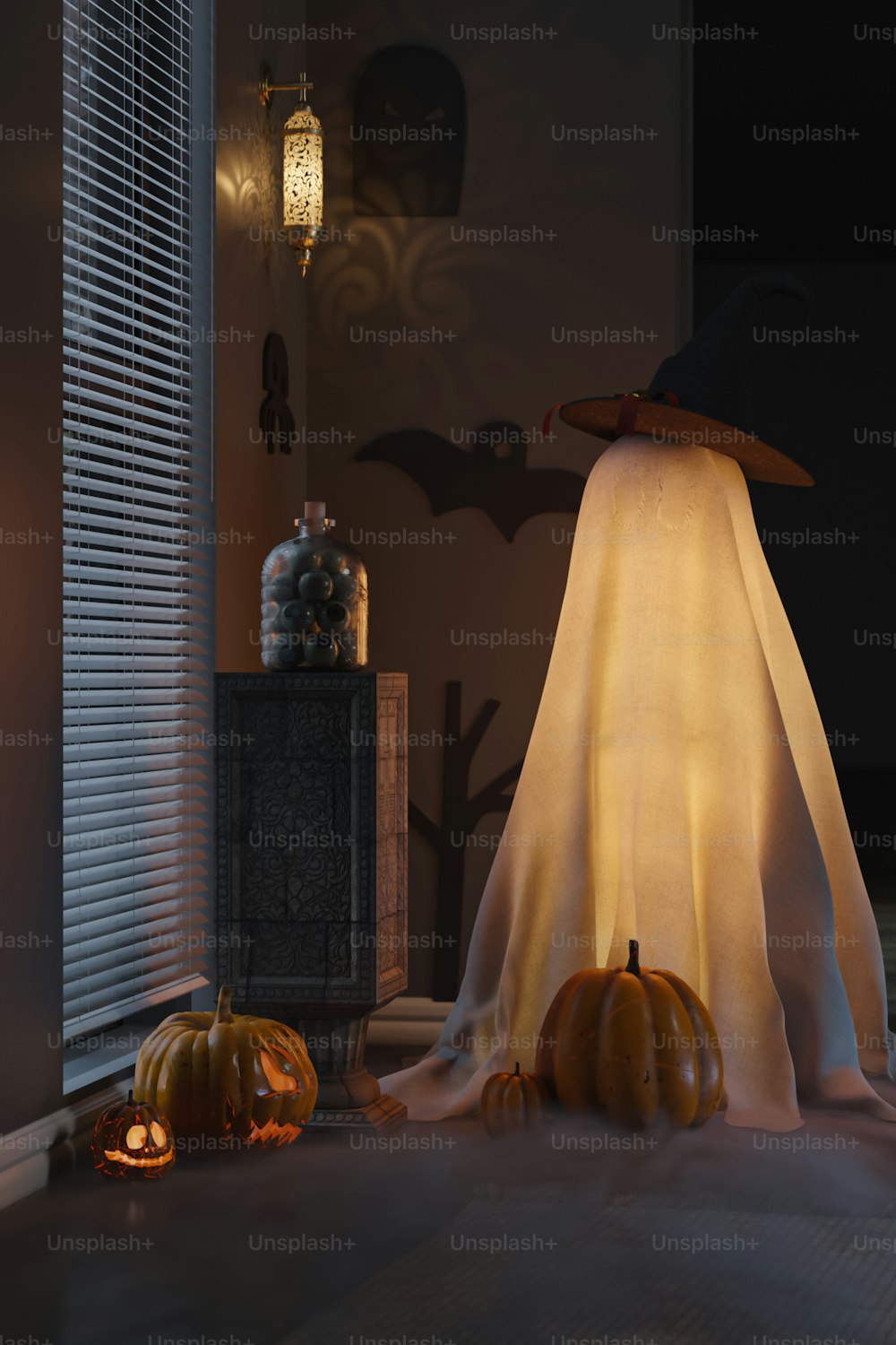 a halloween scene with pumpkins and a ghost