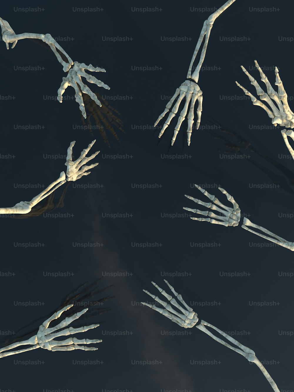 a bunch of skeleton hands are flying through the air