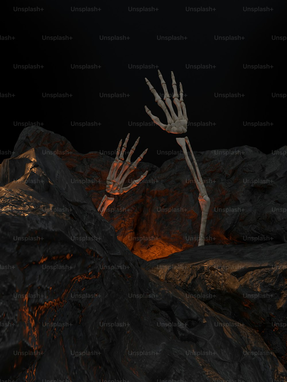 Uno scheletro in piedi sulla cima di una collina rocciosa