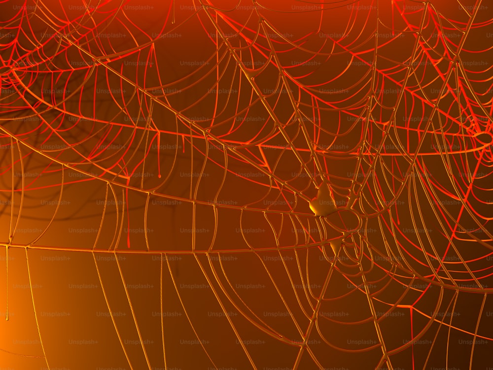 Nahaufnahme eines Spinnennetzes mit rotem Licht im Hintergrund
