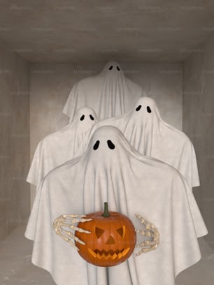 a group of ghost heads in a room with a pumpkin