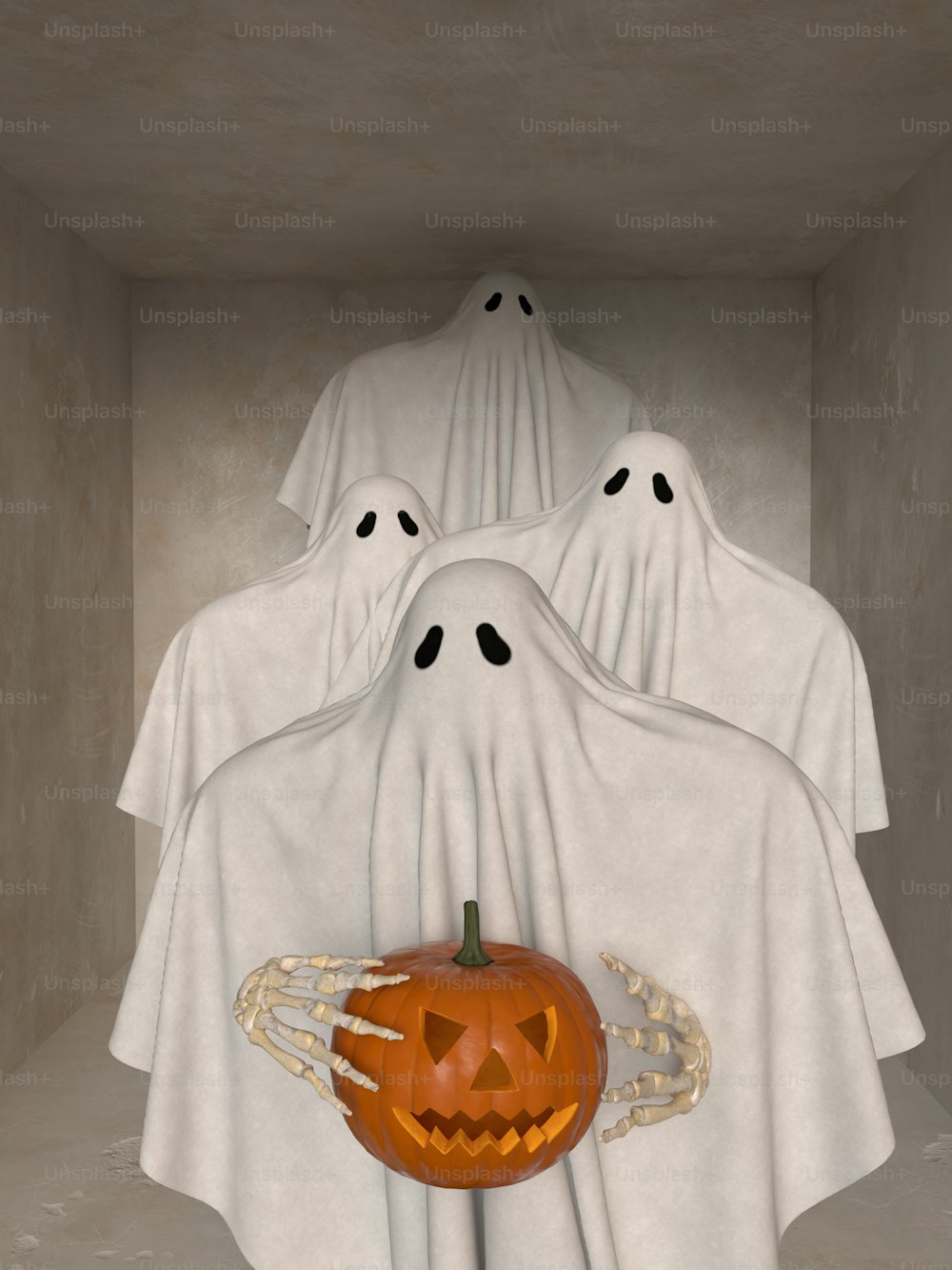 Un grupo de cabezas fantasmas en una habitación con una calabaza