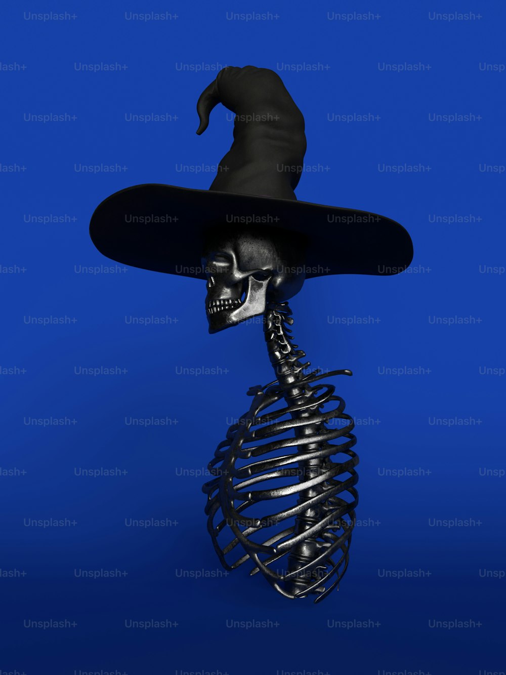a skeleton wearing a witches hat with a skeleton in it