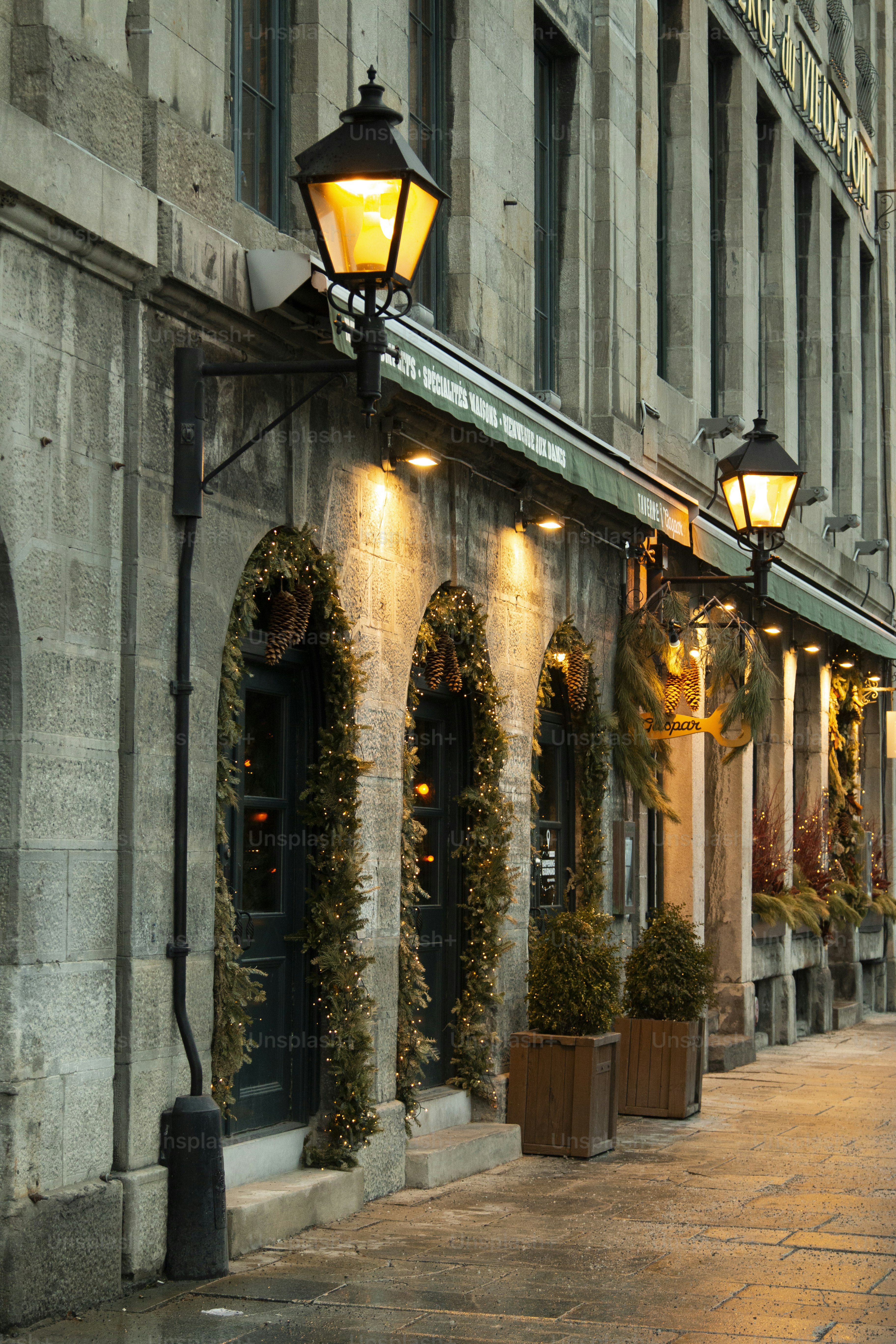 Street Scene with lamps. Outdoor shots of Montreal in the wintertime.