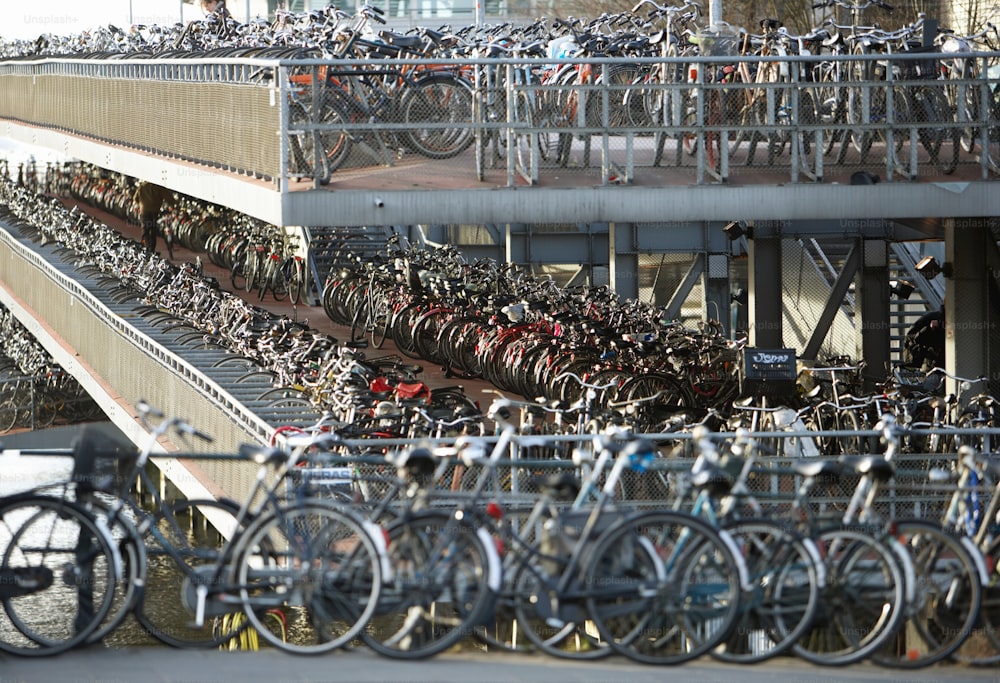 um monte de bicicletas estacionadas uma ao lado da outra