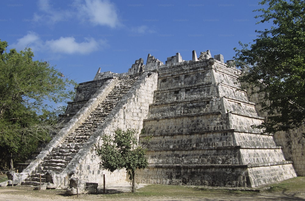 a large stone structure with a tree in front of it