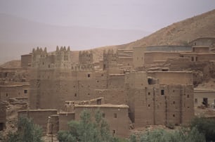 Un village dans le désert avec une montagne en arrière-plan