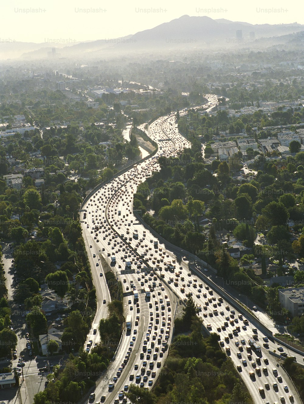 Una carretera llena de mucho tráfico rodeada de árboles