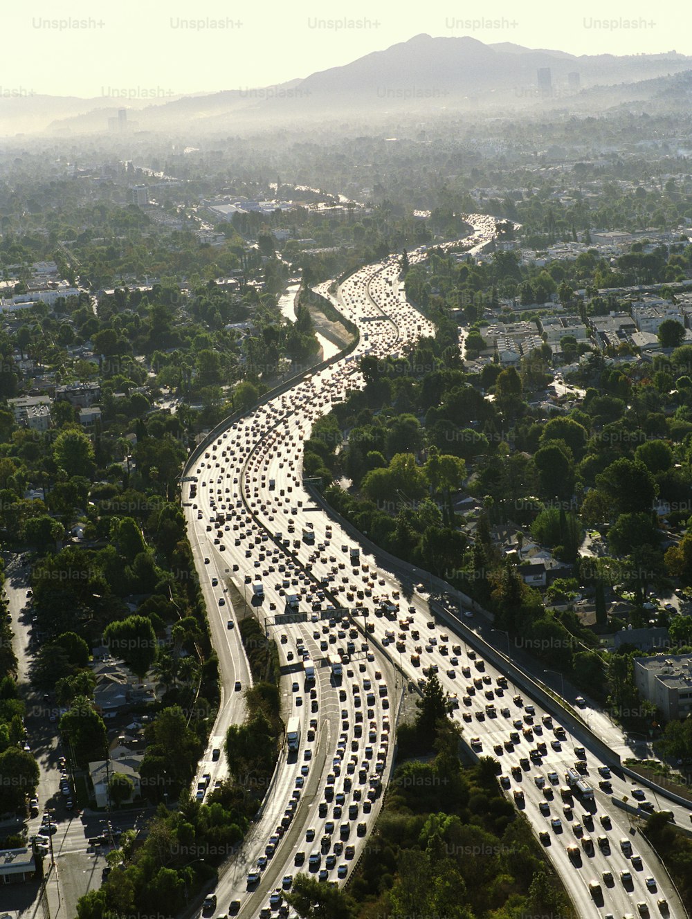a highway filled with lots of traffic surrounded by trees