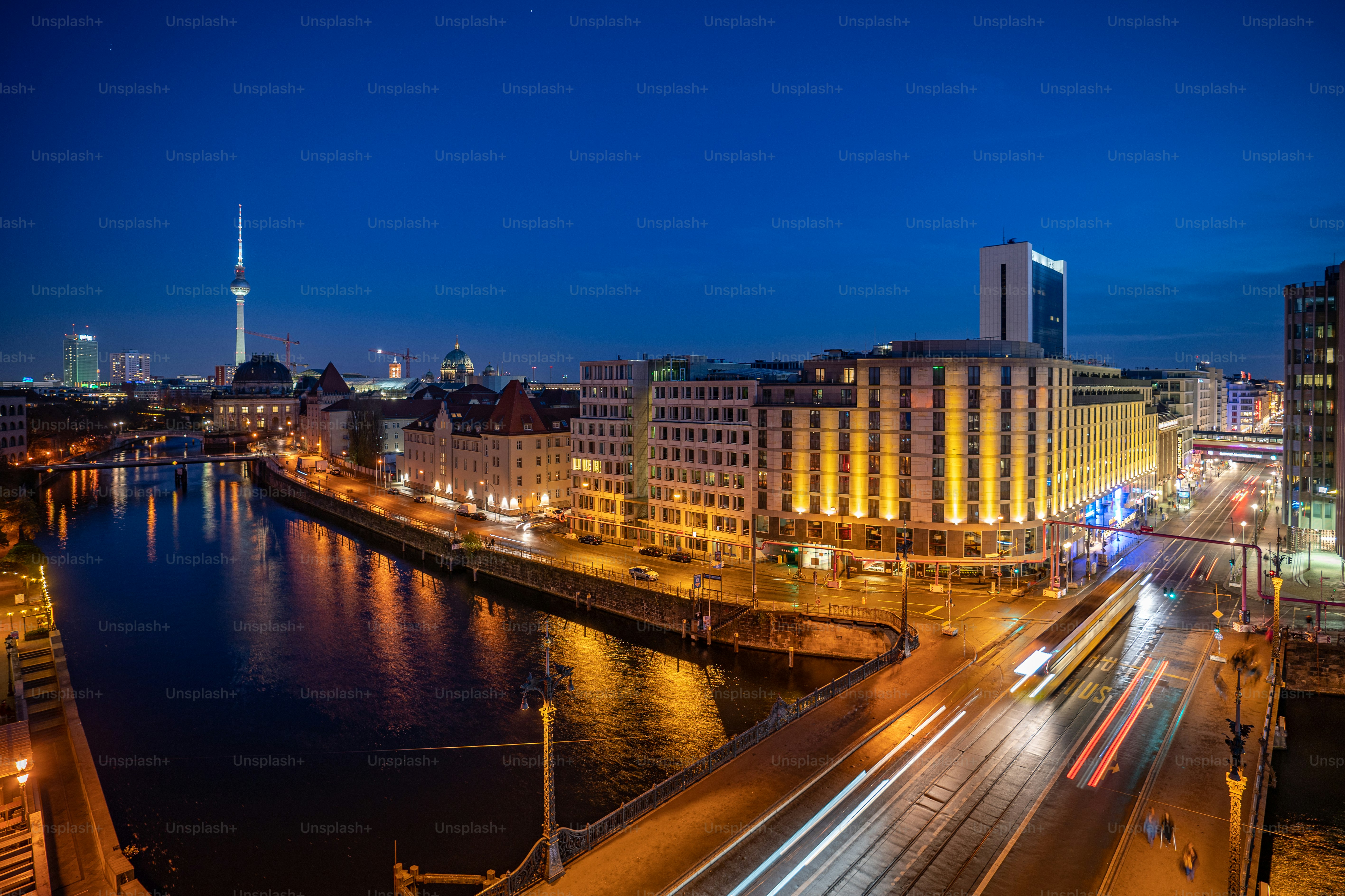 Nacht, draußen, gebäude, spree, fluss, Berlin, Deutschland