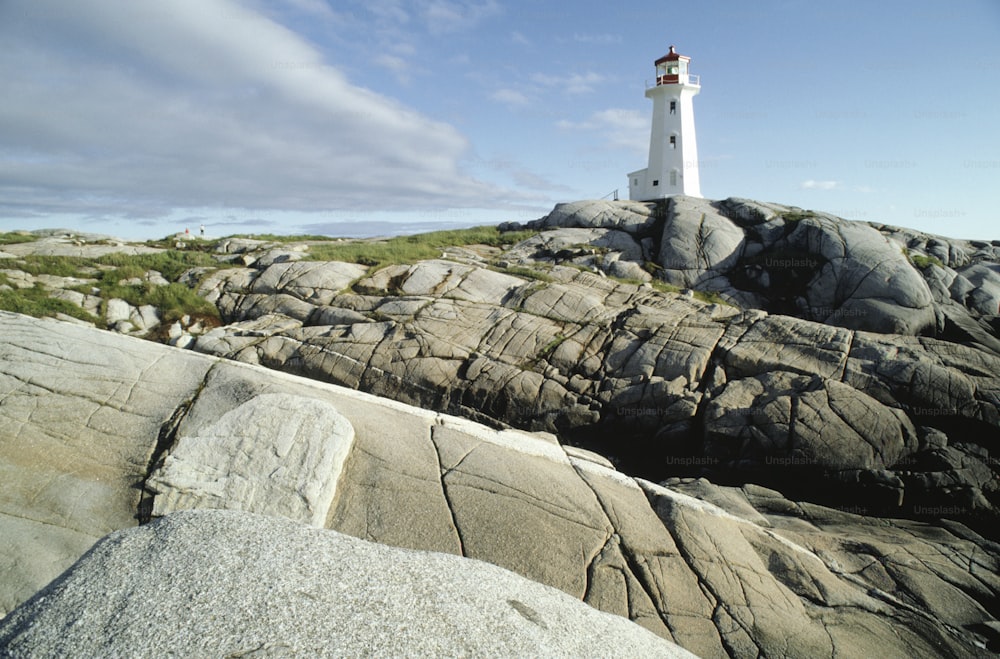 a white lighthouse on top of a rocky hill