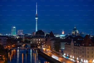 Nightime, 옥외의, buidings, spree, 강, 베를린, 독일