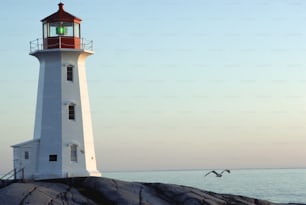 a lighthouse on a rocky outcropping near the ocean