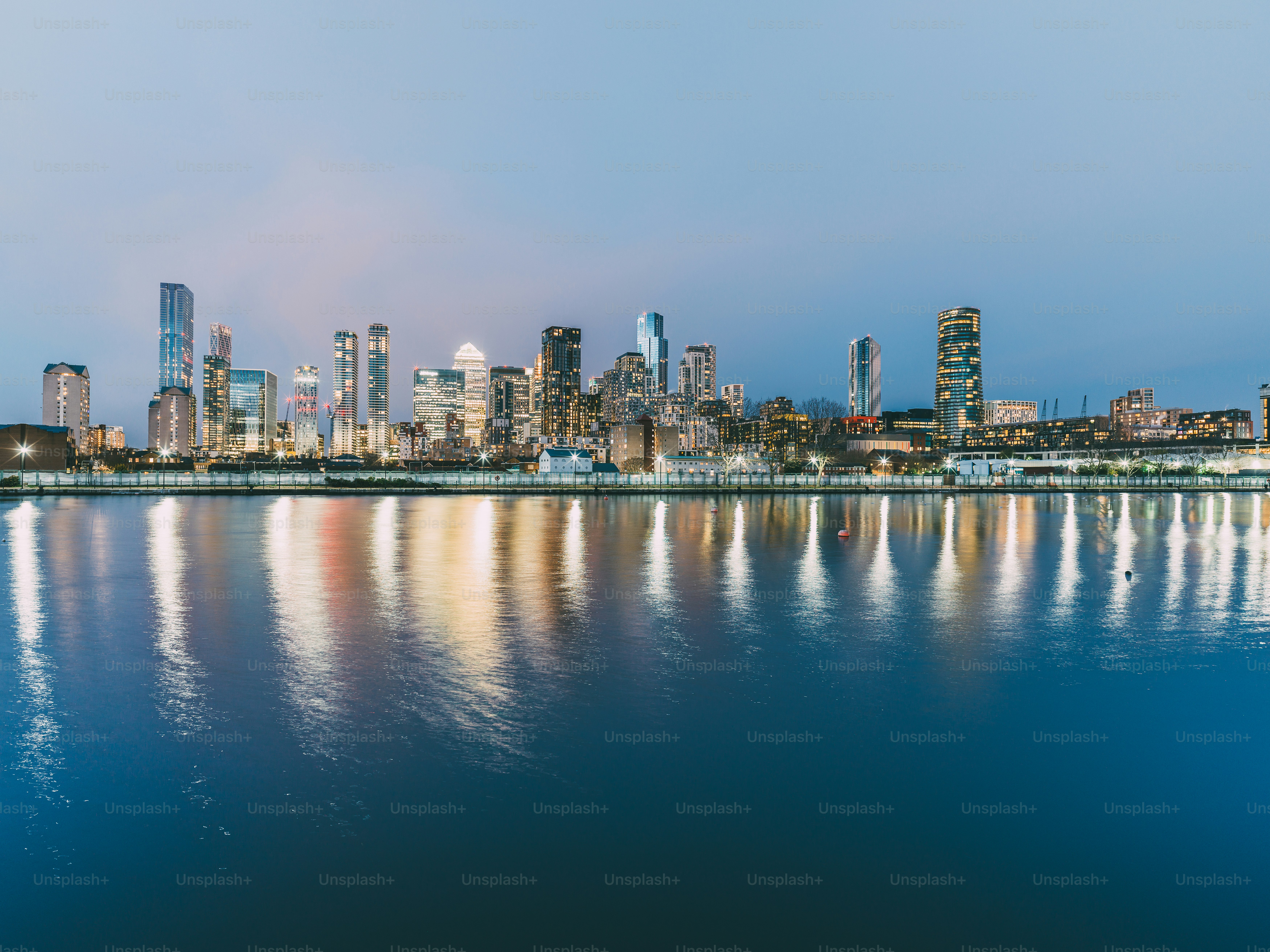 Canary Wharf skyline at dusk. London. UK