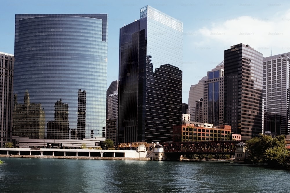 a large body of water surrounded by tall buildings