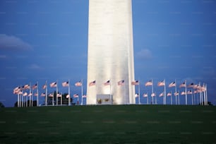 Un gruppo di bandiere americane che sventolano davanti al monumento a Washington