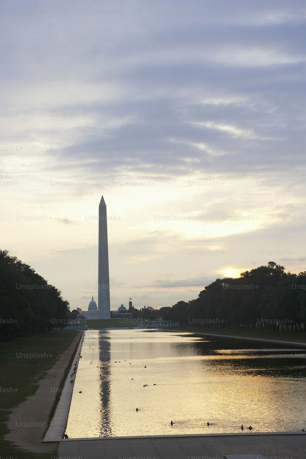the washington monument and reflecting pool of water