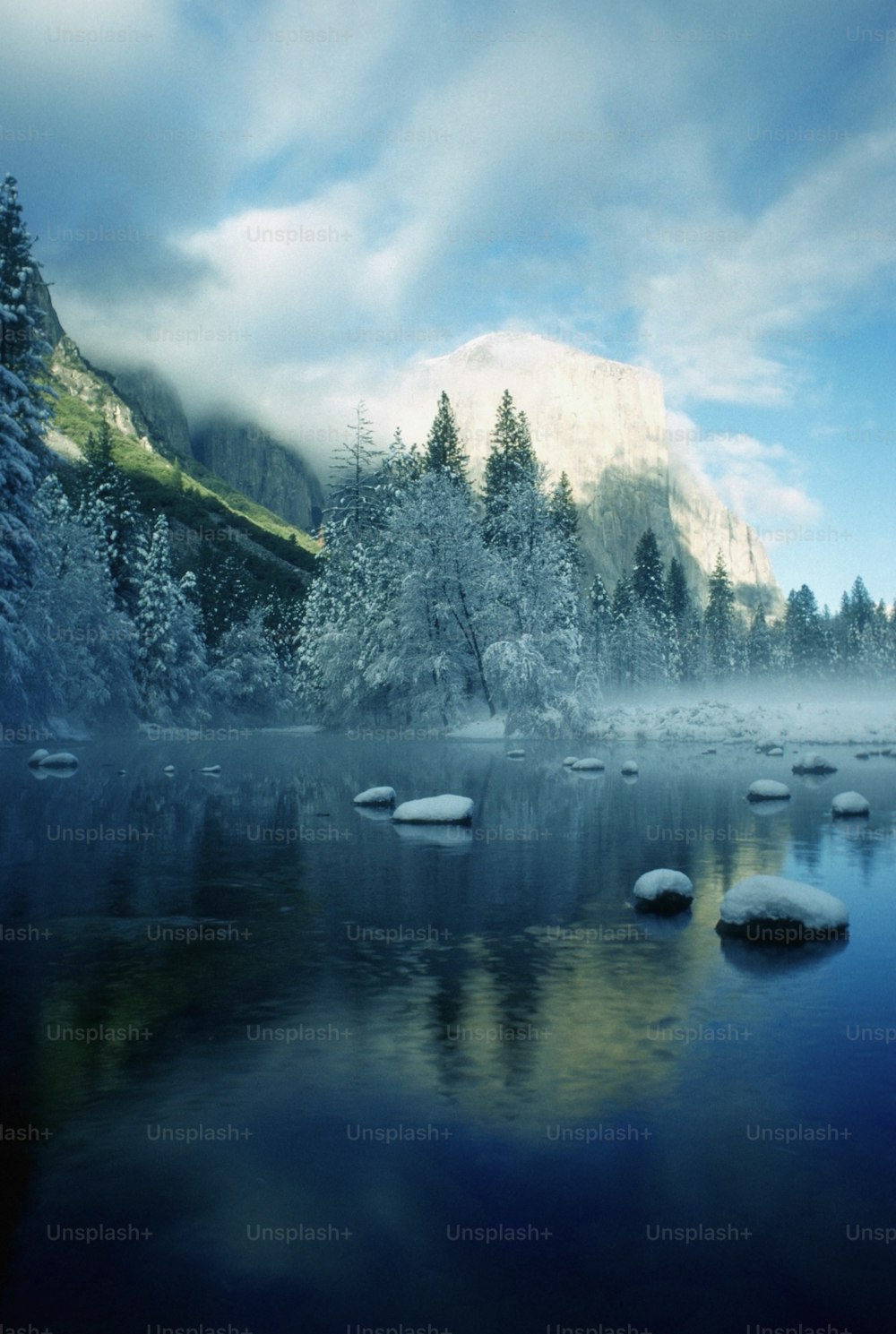 a body of water surrounded by snow covered trees