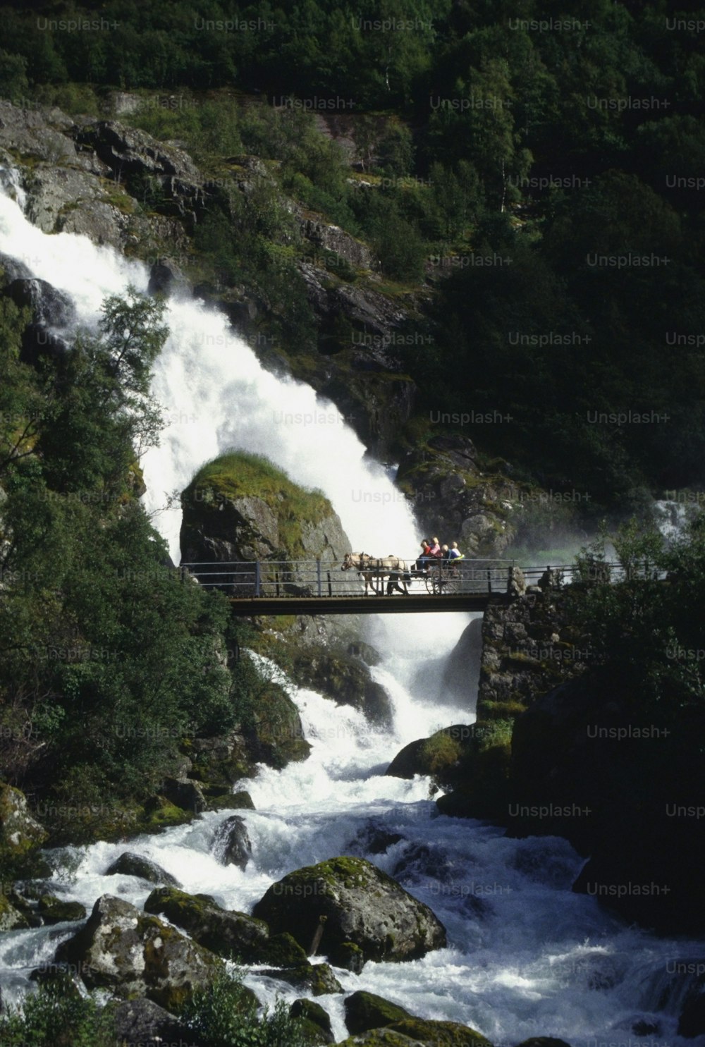 um grupo de pessoas em pé em uma ponte sobre um rio