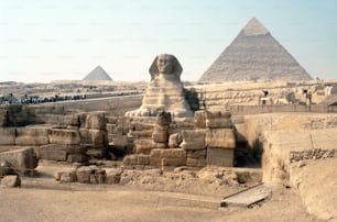 the sphinx and pyramids of giza are in the background