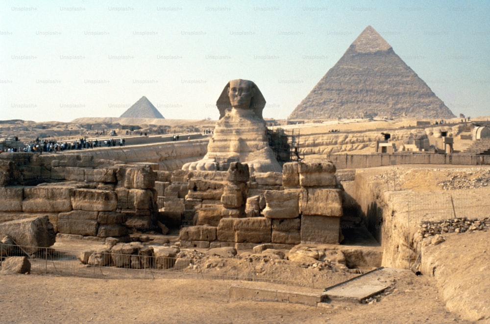 the sphinx and pyramids of giza are in the background