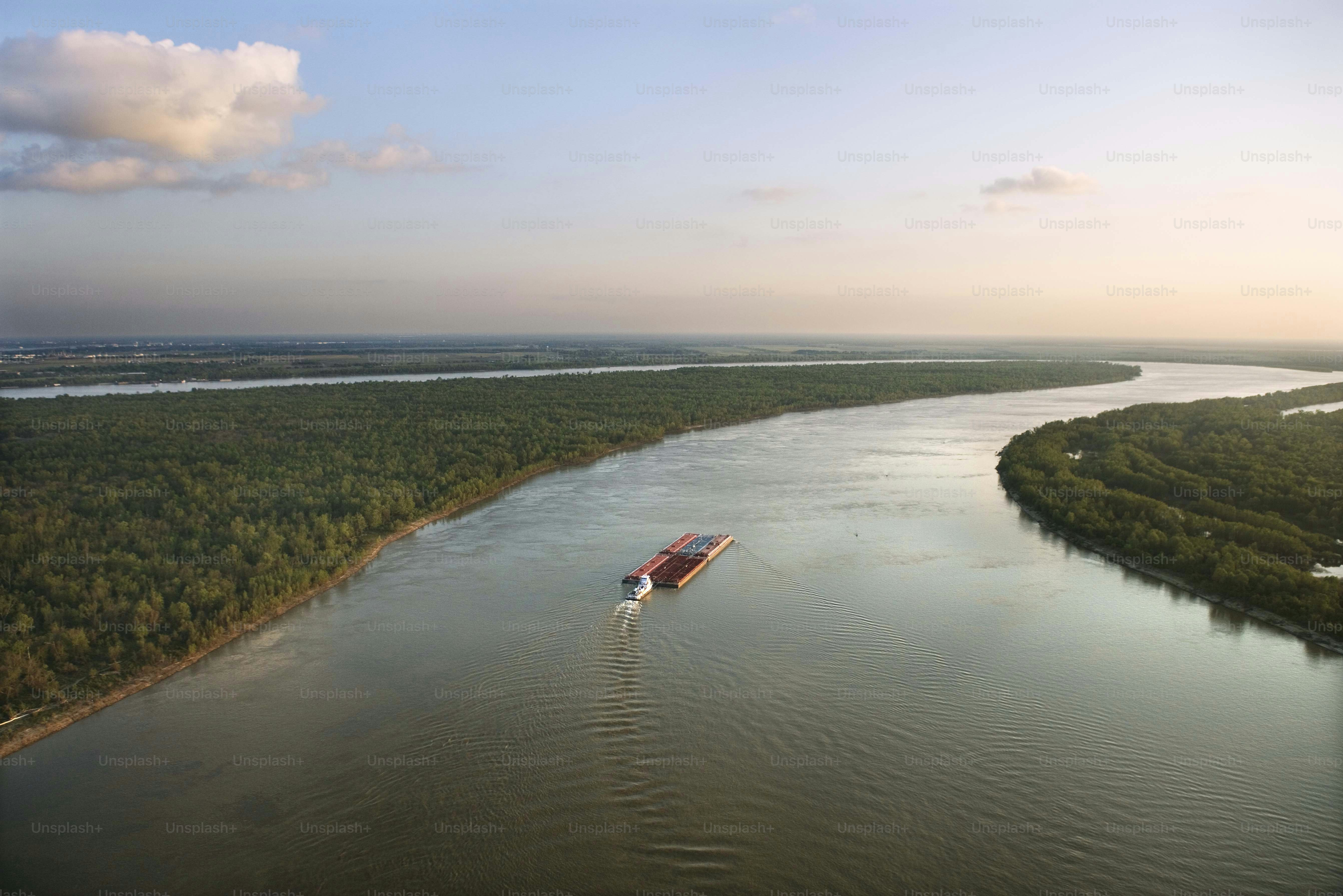 a boat traveling down a river next to a lush green forest