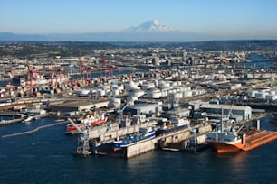 a large boat docked in a large body of water