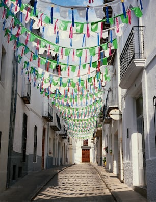 a narrow street with a bunch of flags hanging from it
