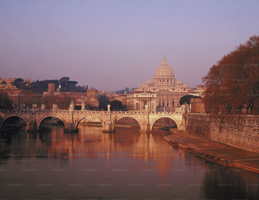 a bridge over a body of water with a building in the background