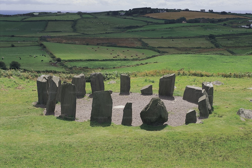 eine Gruppe von Felsen, die in der Mitte eines Feldes sitzen
