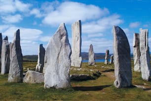 eine Gruppe großer Felsen, die auf einem grasbewachsenen Feld sitzen