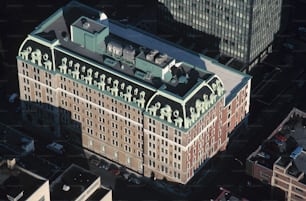 an aerial view of a building in a city