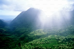 an aerial view of a lush green valley