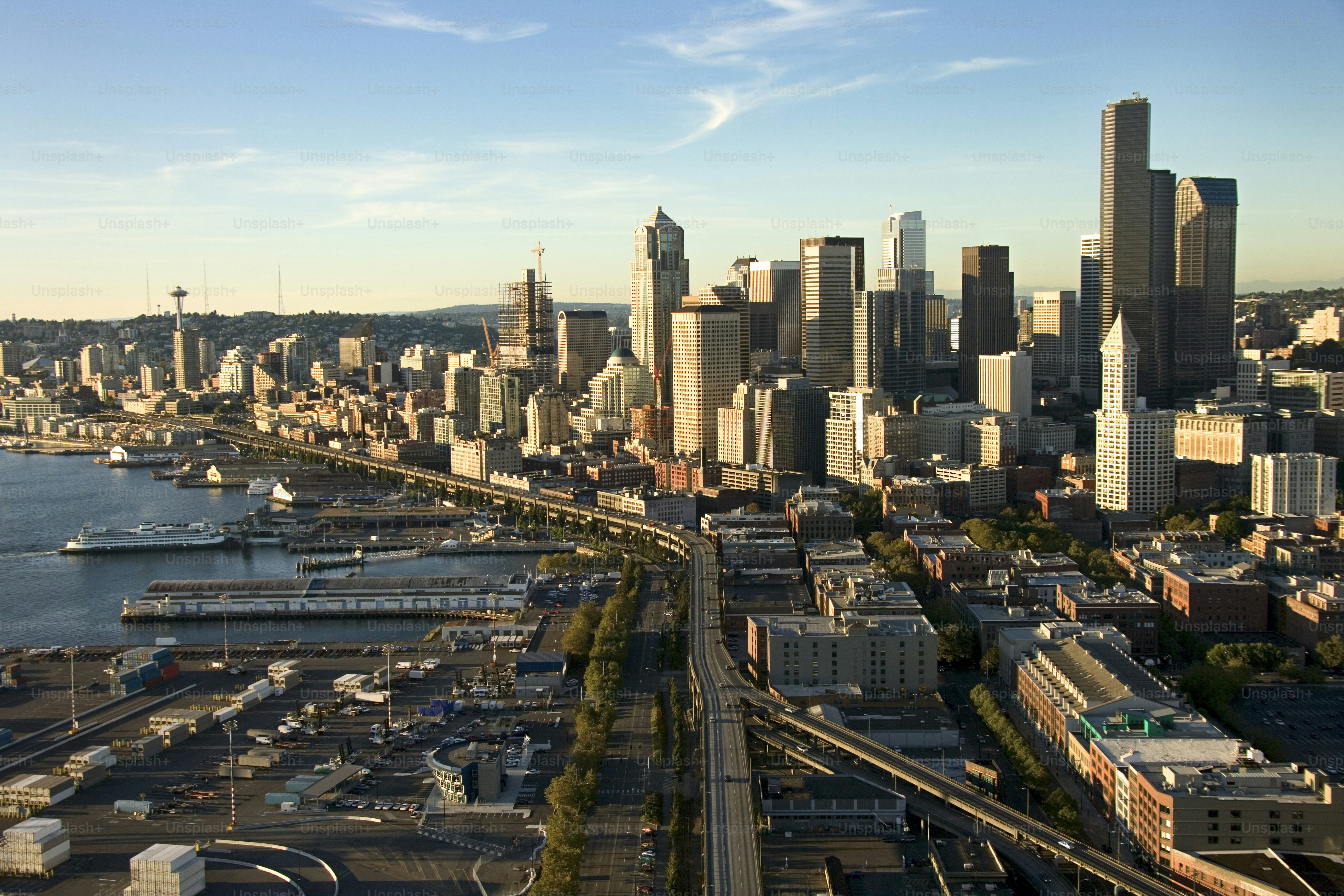 a view of a large city with a river running through it