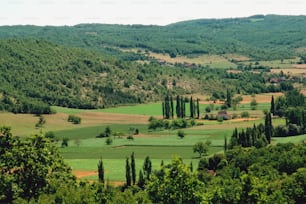 a green valley surrounded by trees and rolling hills
