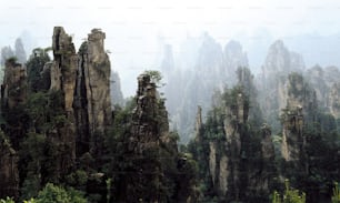 a rocky landscape with trees and rocks in the foreground