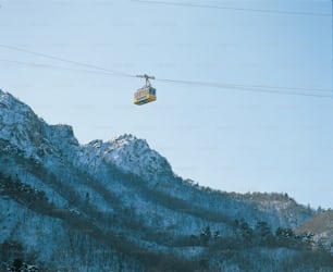 눈 덮인 산을 오르는 스키 리프트