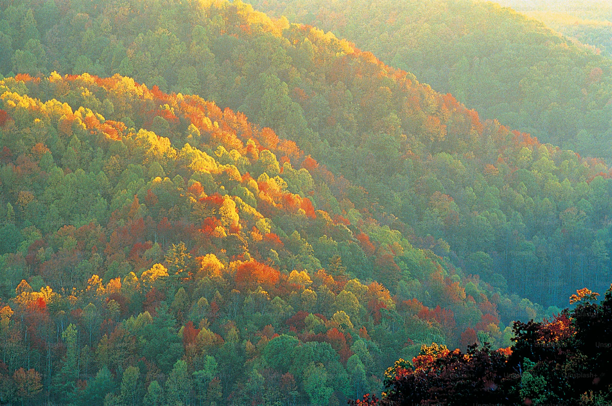 Great Smoky Mountains National Park in autumn — layers of forested mountains with colorful fall foliage in Tennessee