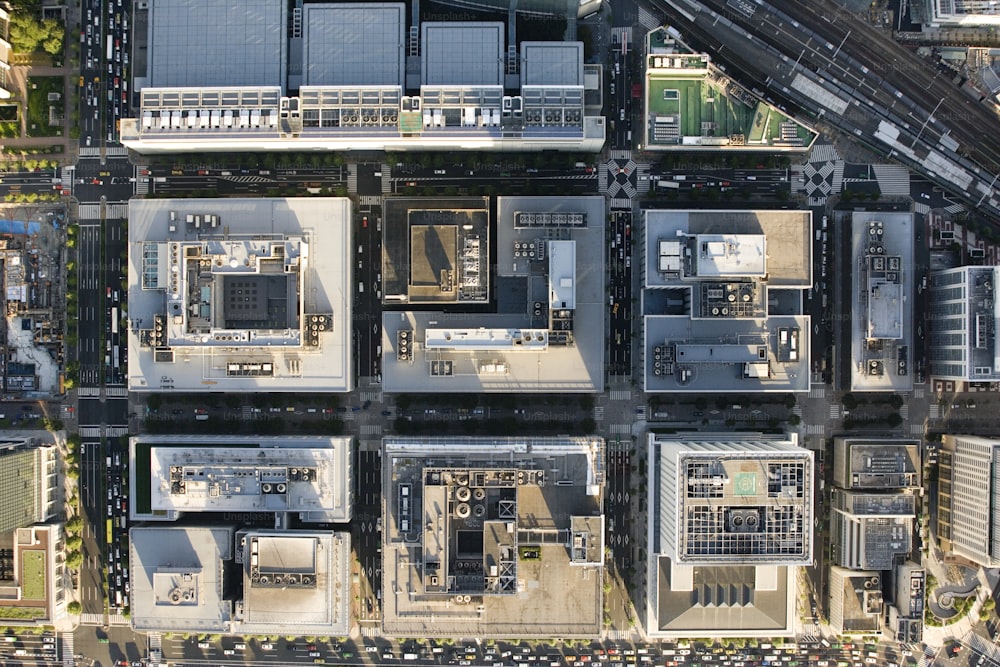 an aerial view of a city with lots of buildings