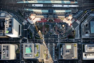 an aerial view of a city with a lot of traffic