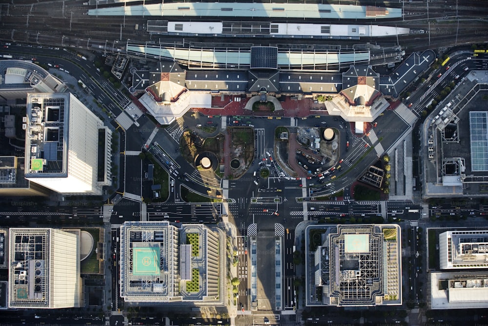 an aerial view of a city with a lot of traffic