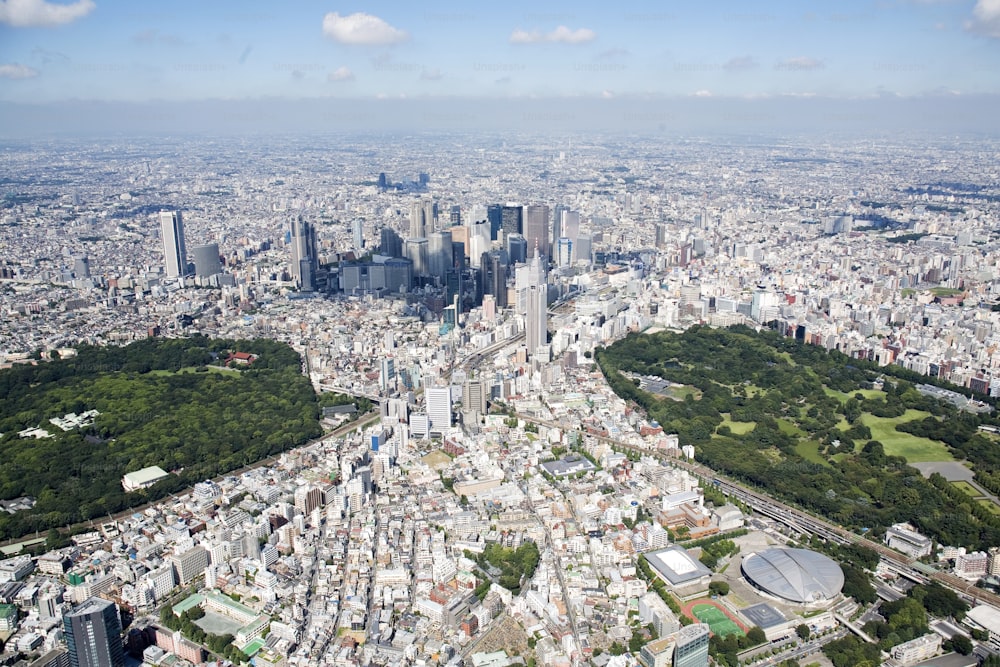 日本、東京、新宿、中央に東京都庁舎、航空写真
