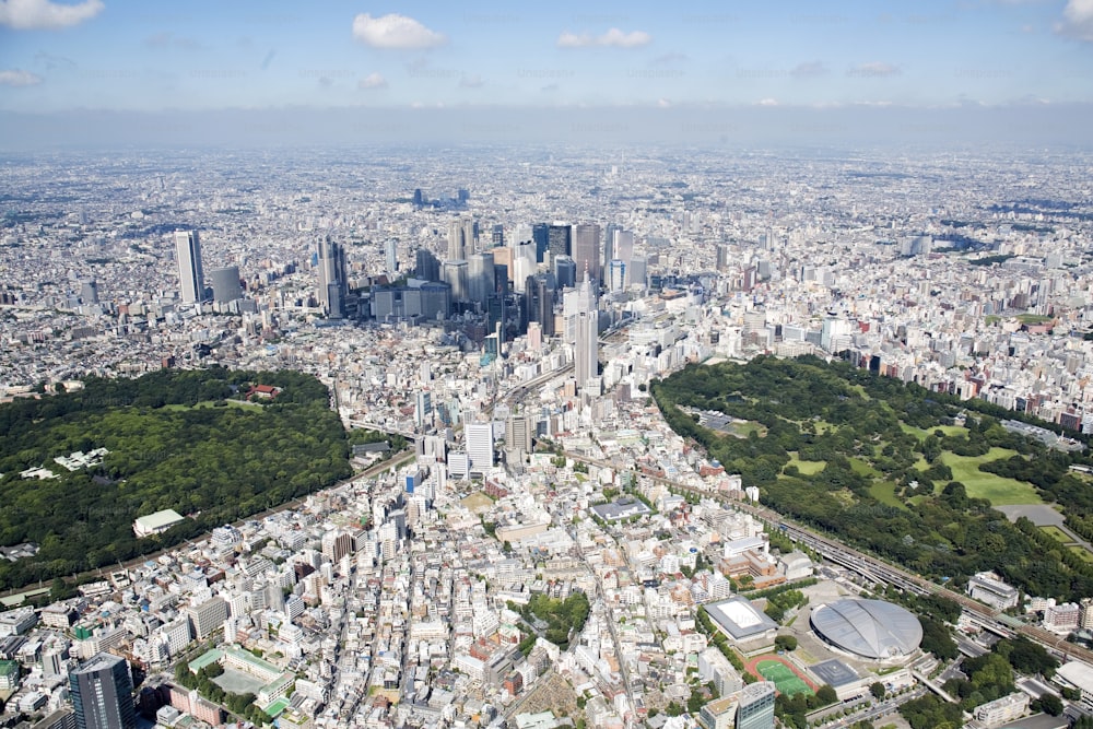 Japan, Tokyo, Shinjuku, Tokyo Metropolitan City Hall in the center, aerial view