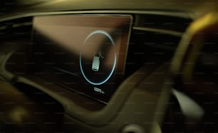 a car dashboard with a display showing the time