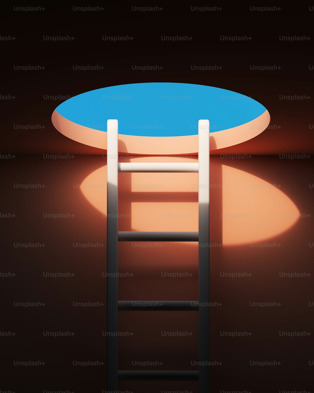 a ladder leading to a round table with a blue top