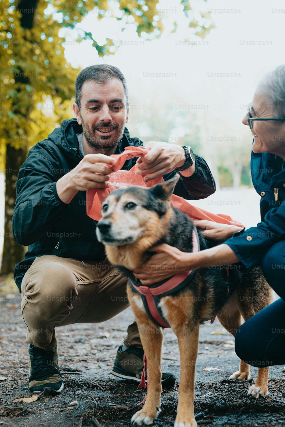 a man and a woman petting a dog
