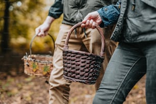a man and a woman carrying a basket in the woods